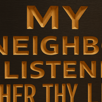 Close-up detail of carved wooden letters on the funny music quote sign.
