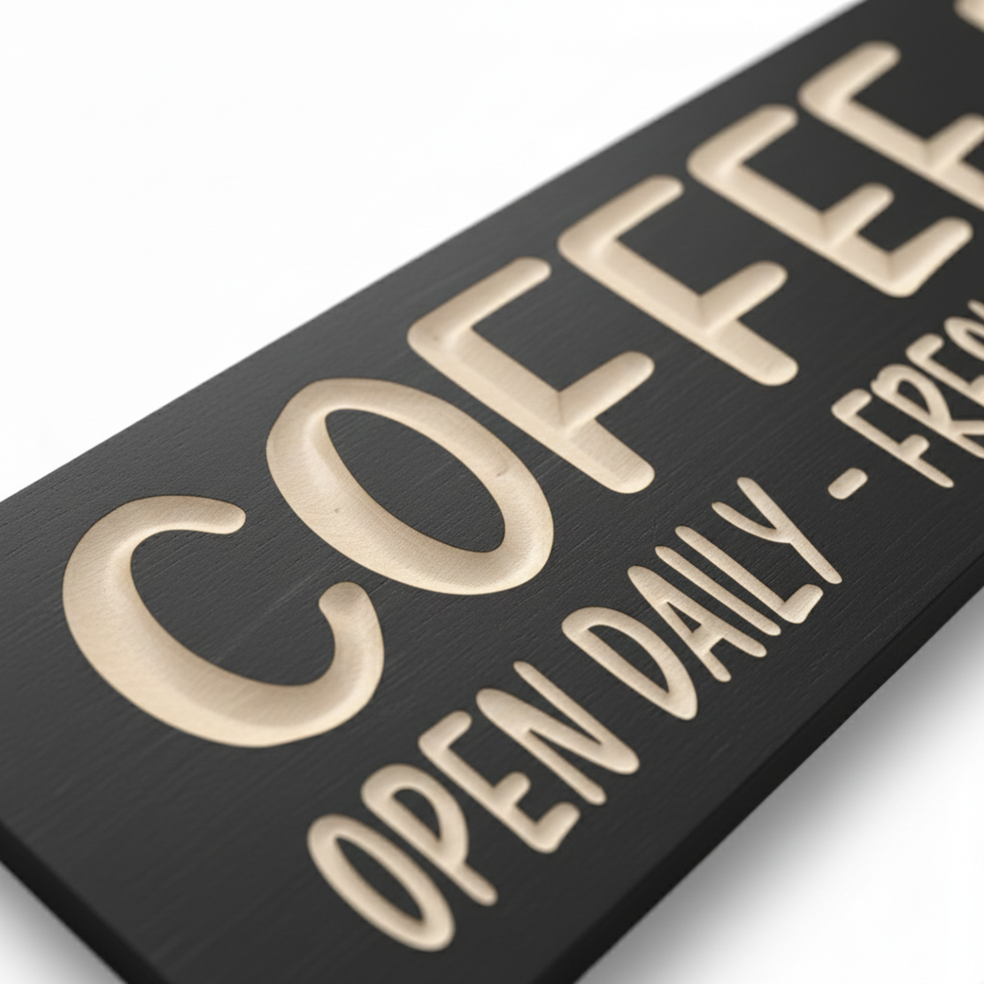 Macro close-up of the CNC-carved lettering on the Coffee Bar sign, highlighting the 3D relief and natural wood grain.
