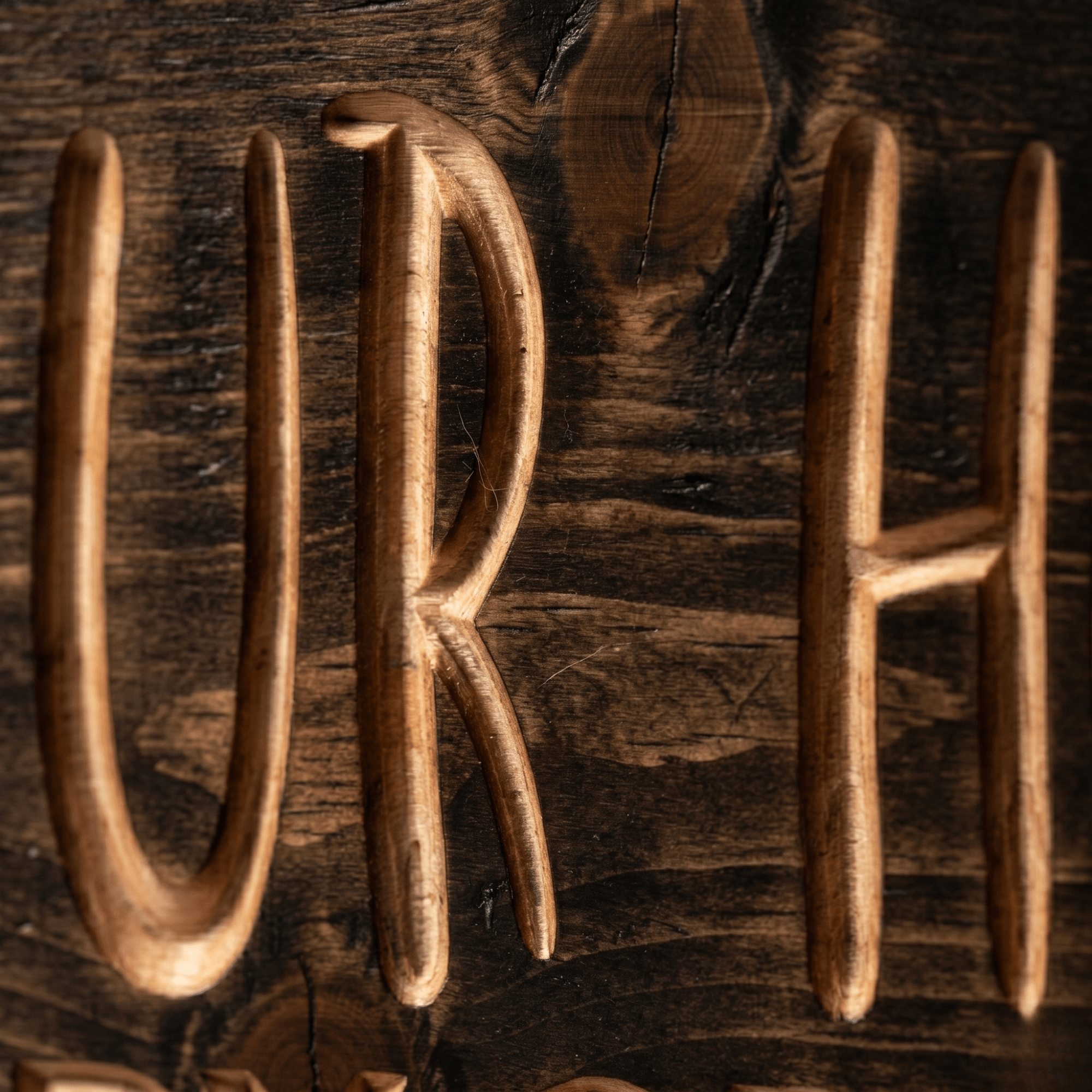 Close-up of deep CNC-carved lettering on solid pine Welcome to Our Home sign showing natural wood grain and texture