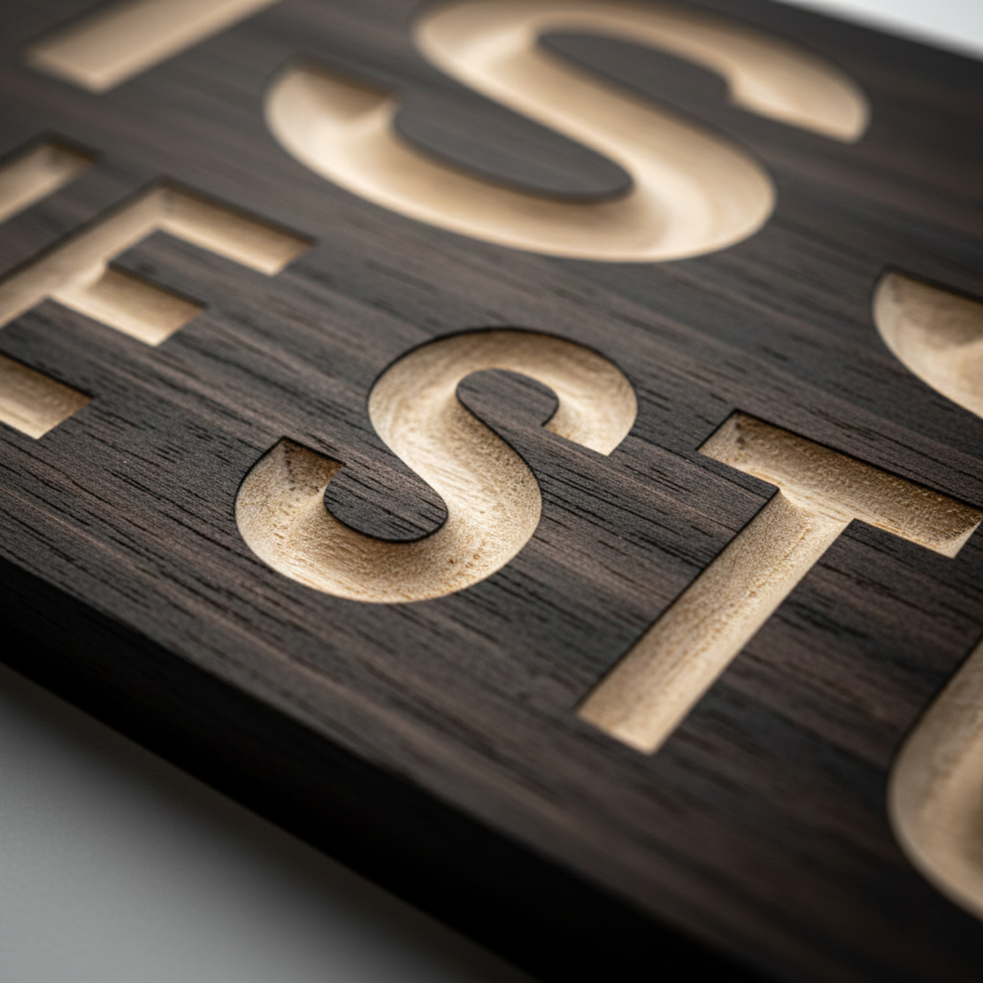 Close-up macro shot of the deeply engraved CNC-carving on a solid wood sign, highlighting the precision craftsmanship and natural grain of the KISS Keep It Simple Stupid lettering.