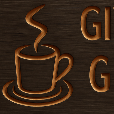 A detailed close-up of the CNC V-carved coffee cup on the solid wood "Give Me Coffee and Wine" sign, showing the tool marks and texture.
