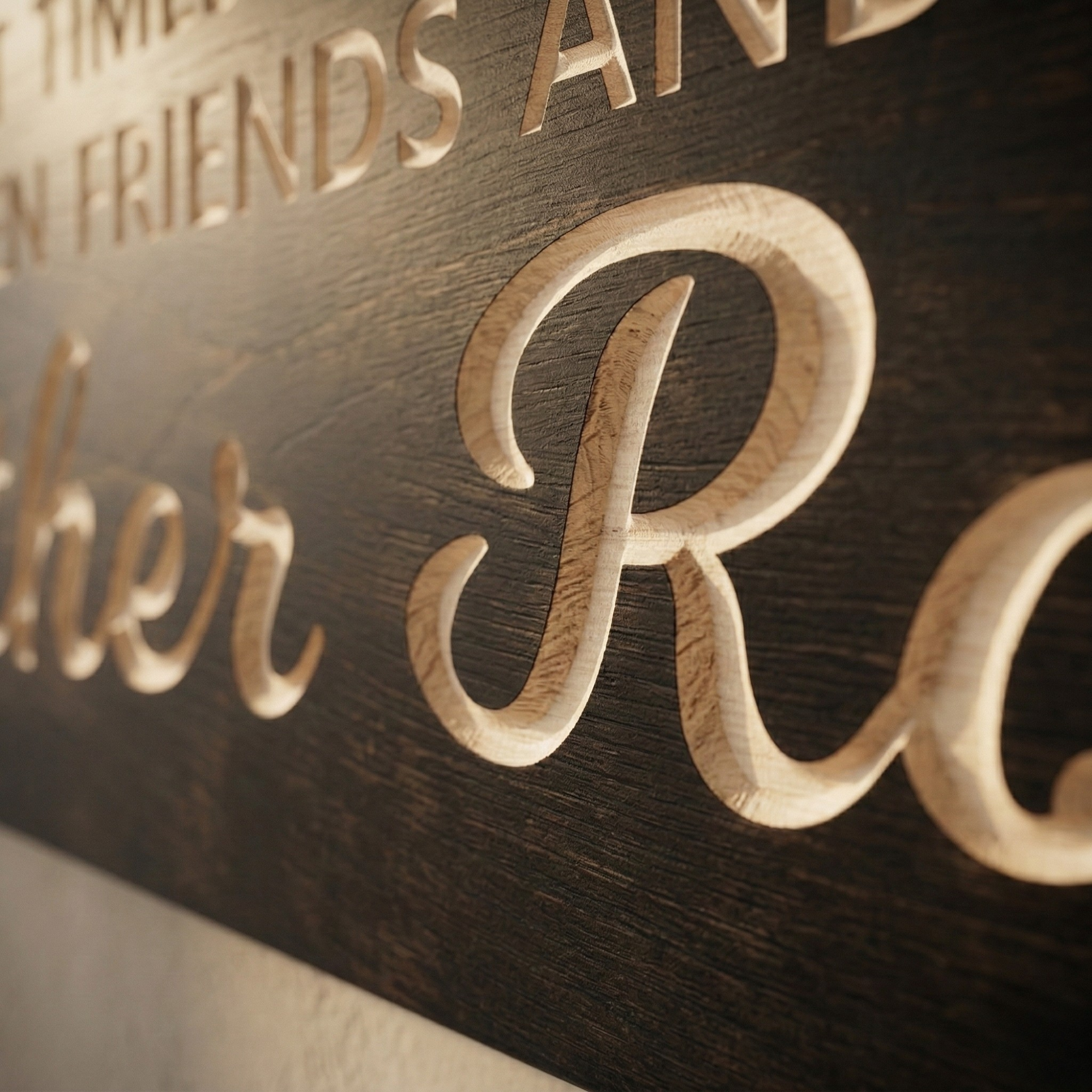 Close-up detail of the deep CNC carving on the "Gather Round" sign, showcasing the 3D texture and solid American wood construction.