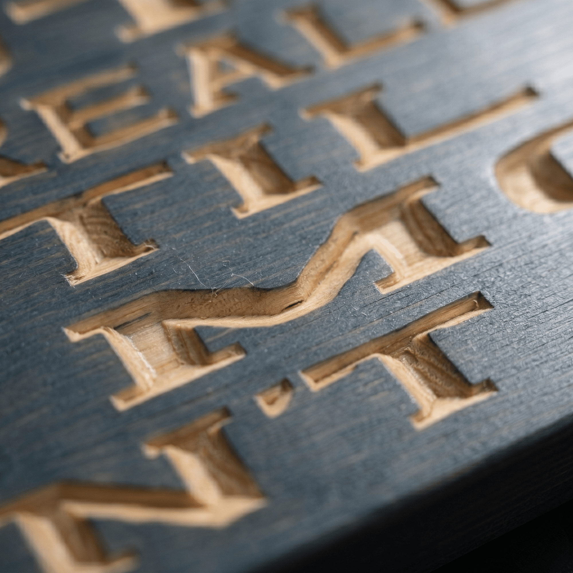 Macro close-up of deep CNC carved letters on a solid wood mom sign revealing real wood grain and hand-finished craftsmanship from Kentucky.