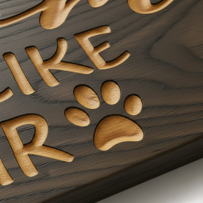 A close-up detail shot of the CNC-carved paw print on the solid wood sign, showcasing the clean lines and natural wood grain craftsmanship.