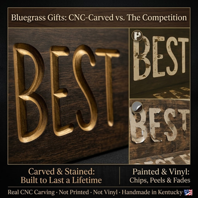 Side-by-side comparison of Bluegrass Gifts premium CNC-carved wood sign versus competitor painted and vinyl signs that chip, peel, and fade – showing why carved wood signs last longer