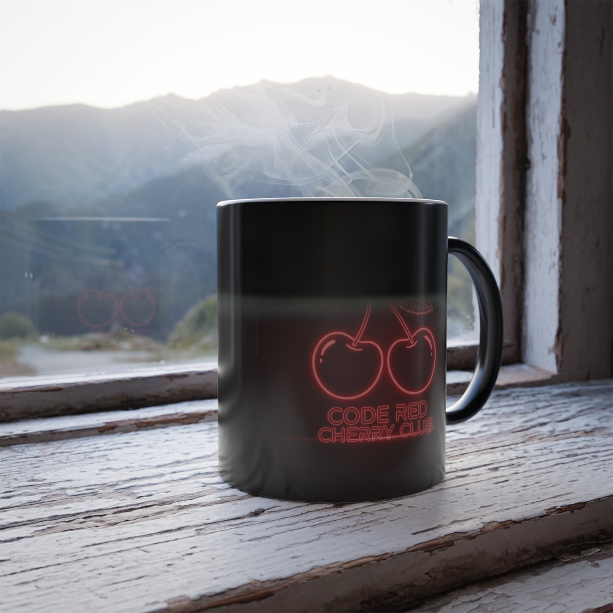 Code Red Cherry Club magic mug with steam rising, glowing cherry design revealed in natural morning light.