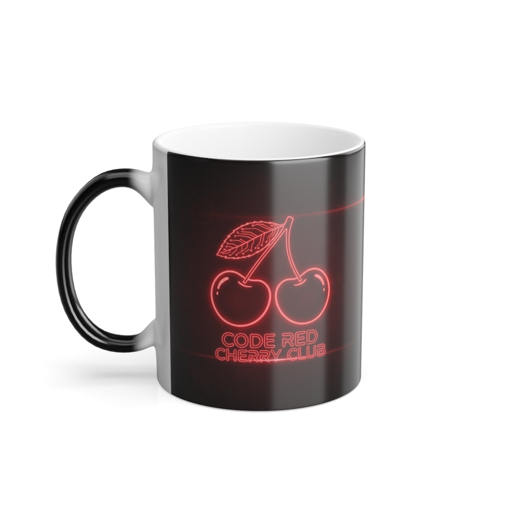 Left side of Code Red Cherry Club magic mug showing sleek black finish with faint red glow effect.