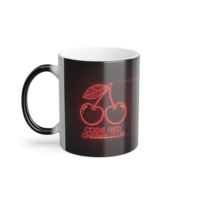 Left side of Code Red Cherry Club magic mug showing sleek black finish with faint red glow effect.