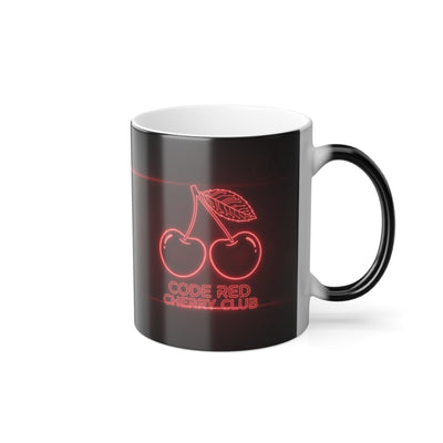 Right-side angle of Code Red Cherry Club mug with glossy black surface and hidden neon cherry pattern.