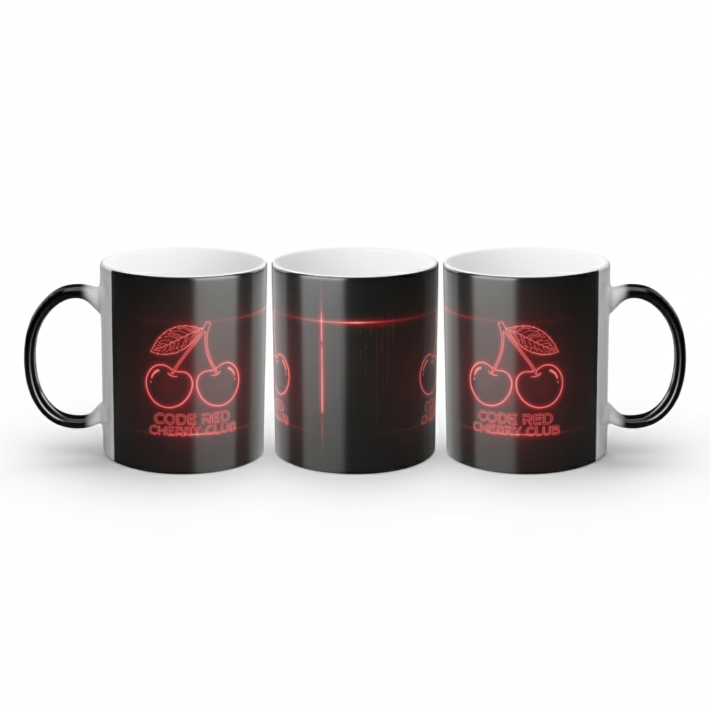 Set of three Code Red Cherry Club magic mugs showing both hot and cold reveal states in one image.