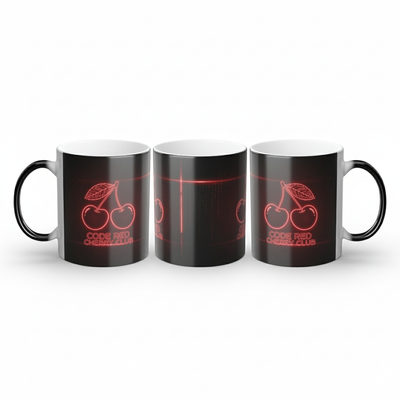 Set of three Code Red Cherry Club magic mugs showing both hot and cold reveal states in one image.