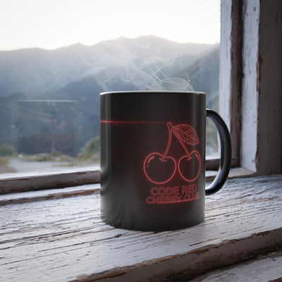 Hot coffee in Code Red Cherry Club magic mug by a rustic window, neon red cherries glowing in the light.
