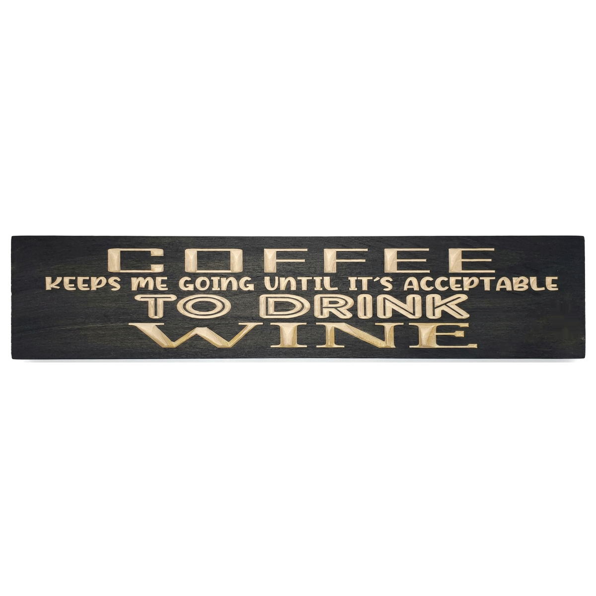 The dark wood Coffee and Wine Sign with light carved letters, centered against a plain white background