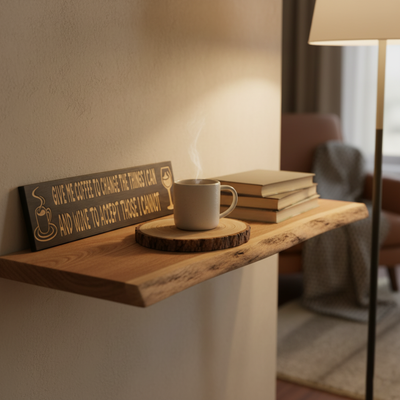 The rustic coffee and wine sign styled on a live-edge wood shelf next to a steaming mug, creating a cozy coffee nook.