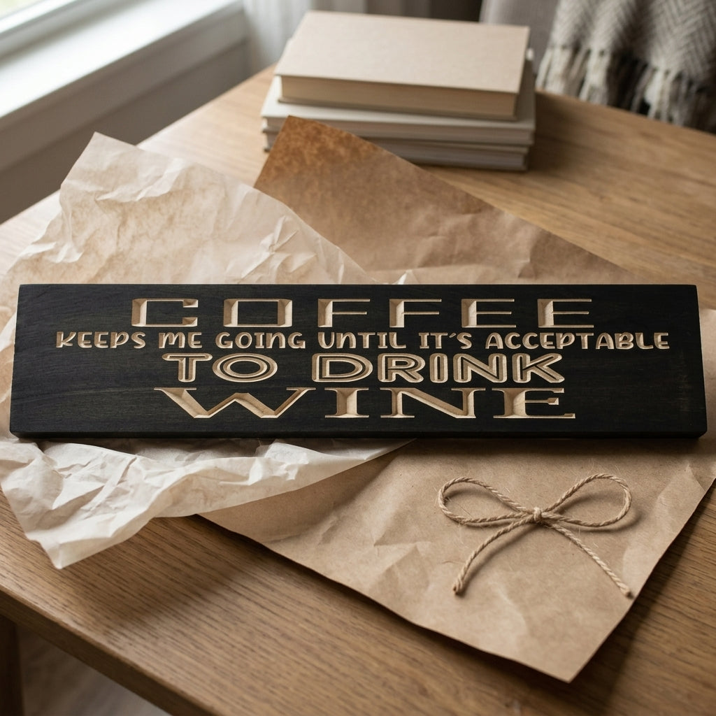 The dark Coffee and Wine Sign sits on crumpled brown paper with a bow, on a wooden table with books