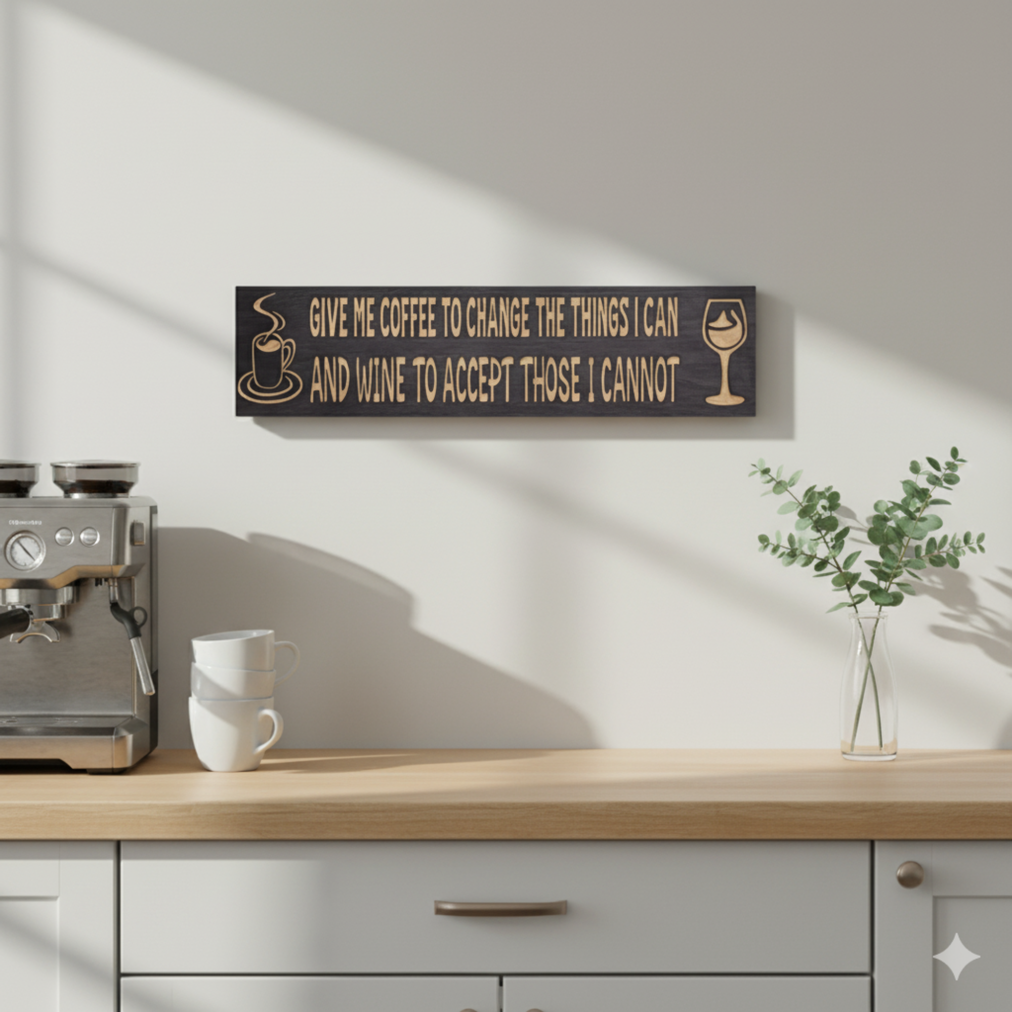 A "Give Me Coffee and Wine" sign hanging in a modern farmhouse kitchen above a countertop with an espresso machine and mugs.