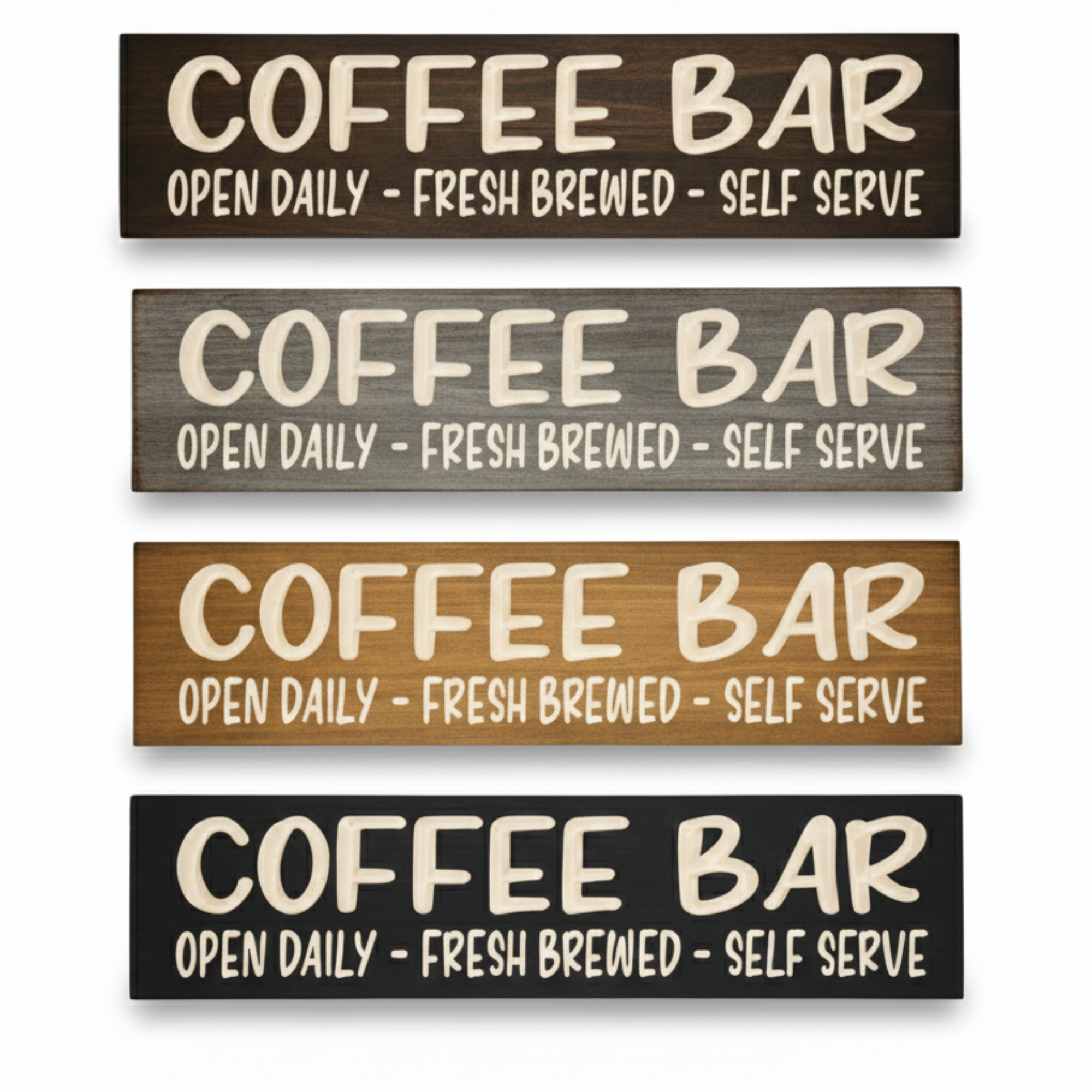 Comparison of four different finish options (Walnut, Grey, Oak, Black) for the carved Coffee Bar kitchen sign.