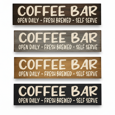 Comparison of four different finish options (Walnut, Grey, Oak, Black) for the carved Coffee Bar kitchen sign.