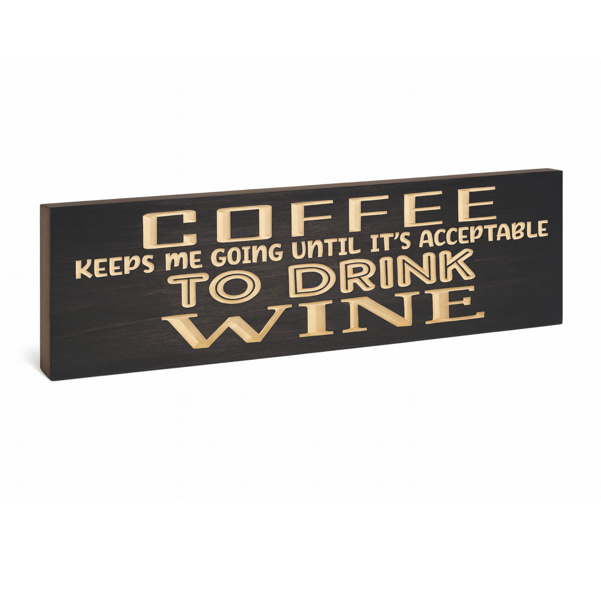 Angled product view of the Coffee & Wine wooden wall sign showing thickness, clean engraving, and rich rustic finish.