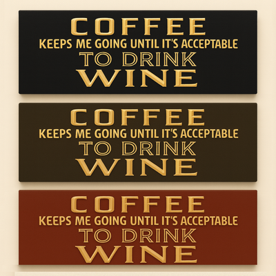 Coffee & Wine wall sign in black, brown and barn red finishes, carved lettering displayed for rustic home decor.