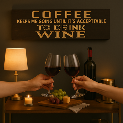 Coffee & Wine wall sign above a home bar as two hands toast red wine; candles and bar cart create a cozy evening scene.