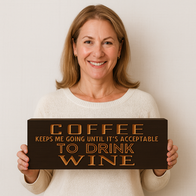 Smiling woman holding the Coffee & Wine wall sign toward the camera to show real-life scale and detailed carved lettering.