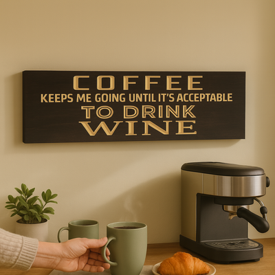 Coffee & Wine wall sign above a home coffee station with mugs and espresso machine, warm morning light for cozy kitchen decor.