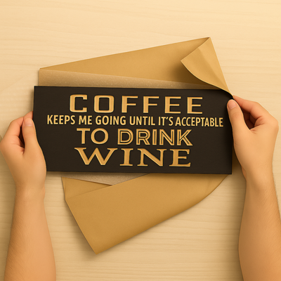 Hands unwrapping Coffee & Wine wooden wall sign from kraft paper, revealing carved lettering and gift-ready packaging.