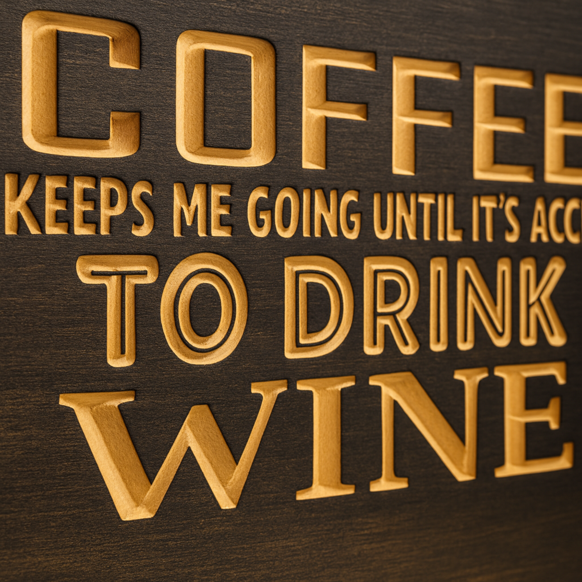 Macro close-up of V-carved lettering on the Coffee & Wine wall sign with smooth tapered grooves and natural wood grain.