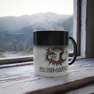 Magic mug partially revealing the grumpy cat graphic in a rustic window setting with steam, showing the black-to-white gradient.
