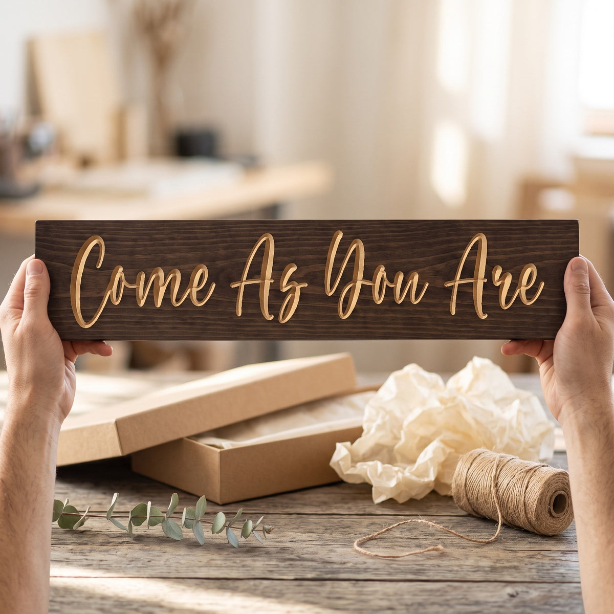 Hands holding the Come As You Are sign over a kraft gift box with tissue paper