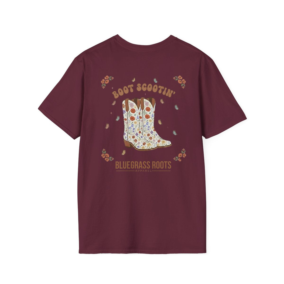 Country Concert Shirt — "Boot Scootin'" Western Boho Tee in Maroon
