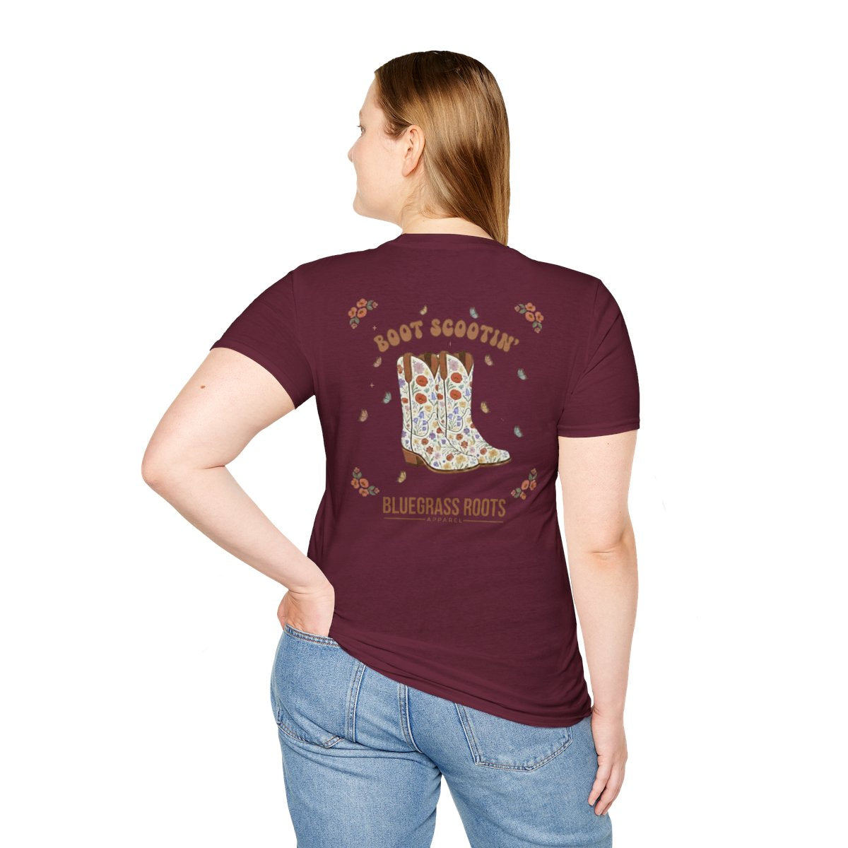 Country Concert Shirt — "Boot Scootin'" Western Boho Tee in Maroon