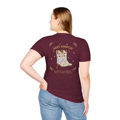Country Concert Shirt — "Boot Scootin'" Western Boho Tee in Maroon