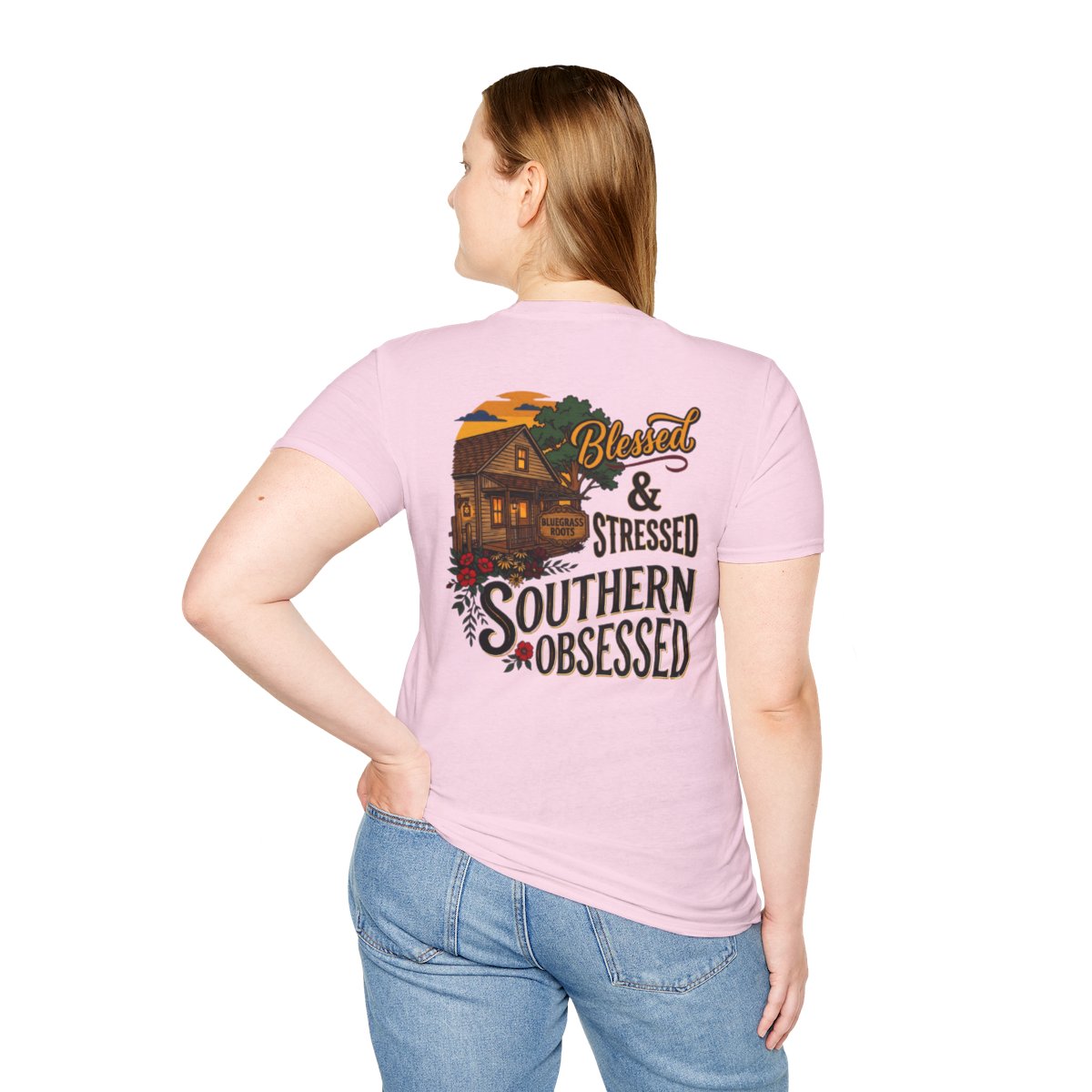 Country Shirt for Women — "Blessed, Stressed & Southern Obsessed" in Light Pink