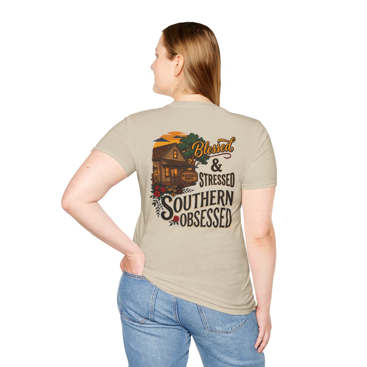 Country Shirt for Women — "Blessed, Stressed & Southern Obsessed" in Sand