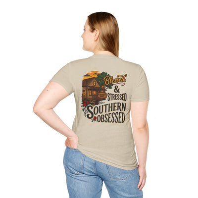 Country Shirt for Women — "Blessed, Stressed & Southern Obsessed" in Sand