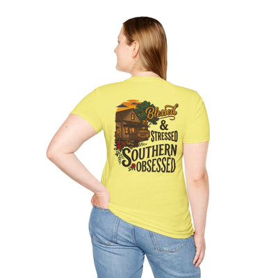 Country Shirt for Women — "Blessed, Stressed & Southern Obsessed" in Cornsilk