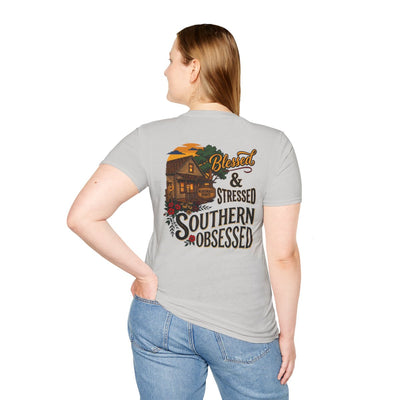 Country Shirt for Women — "Blessed, Stressed & Southern Obsessed" in Ice Grey