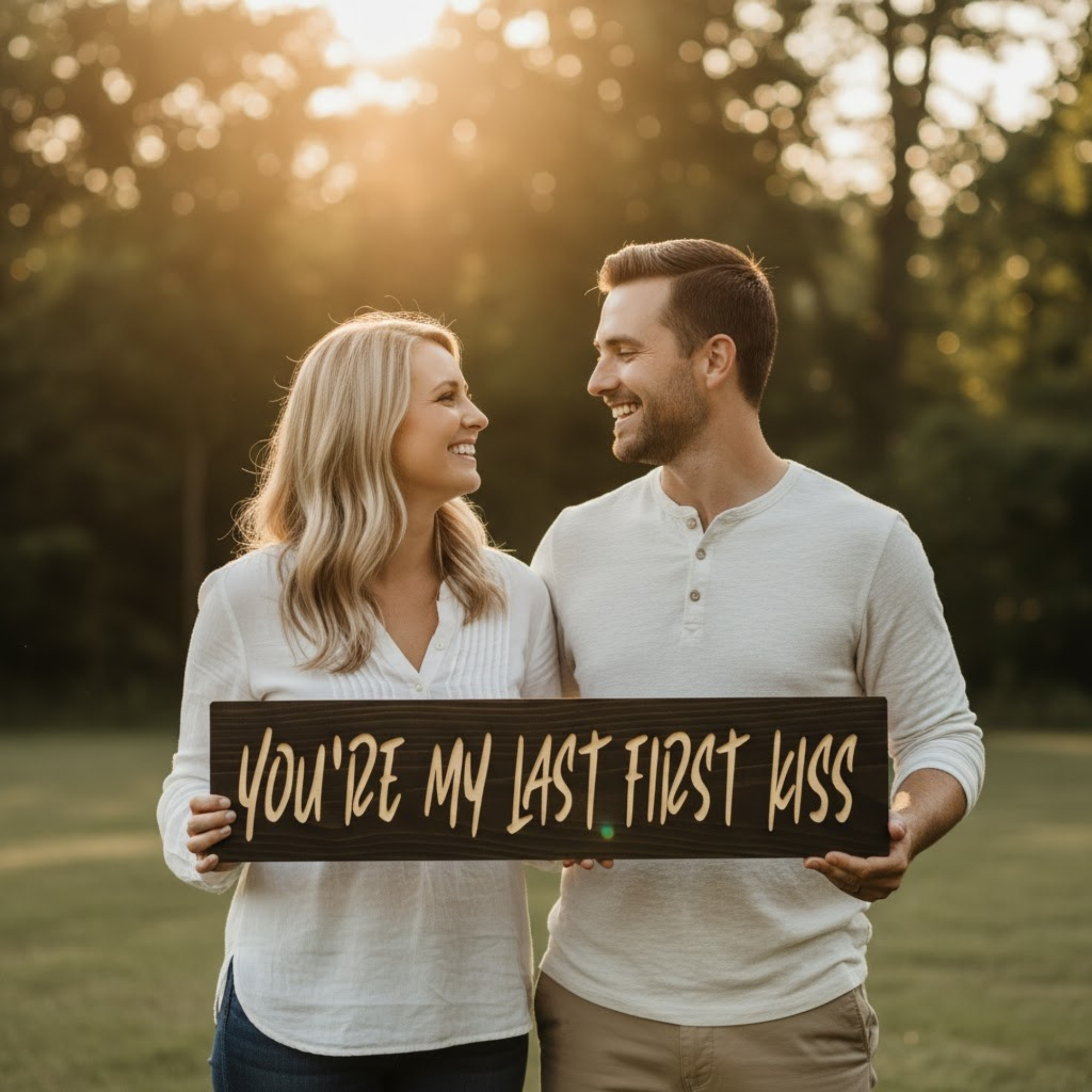 Smiling couple holding the “You’re My Last First Kiss” carved wood sign—handmade romantic gift, USA made.