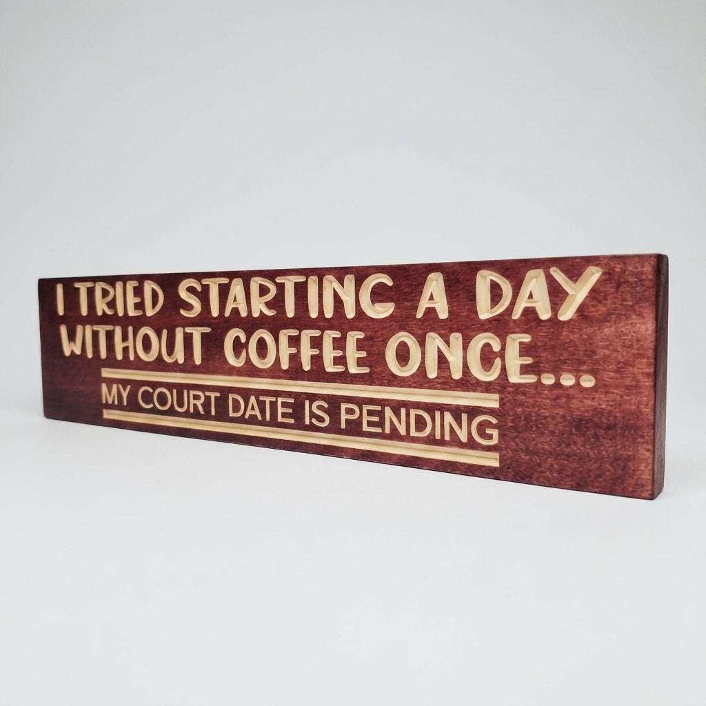 An angled view of the carved wood Coffee Sign, displaying its thickness against a plain white background