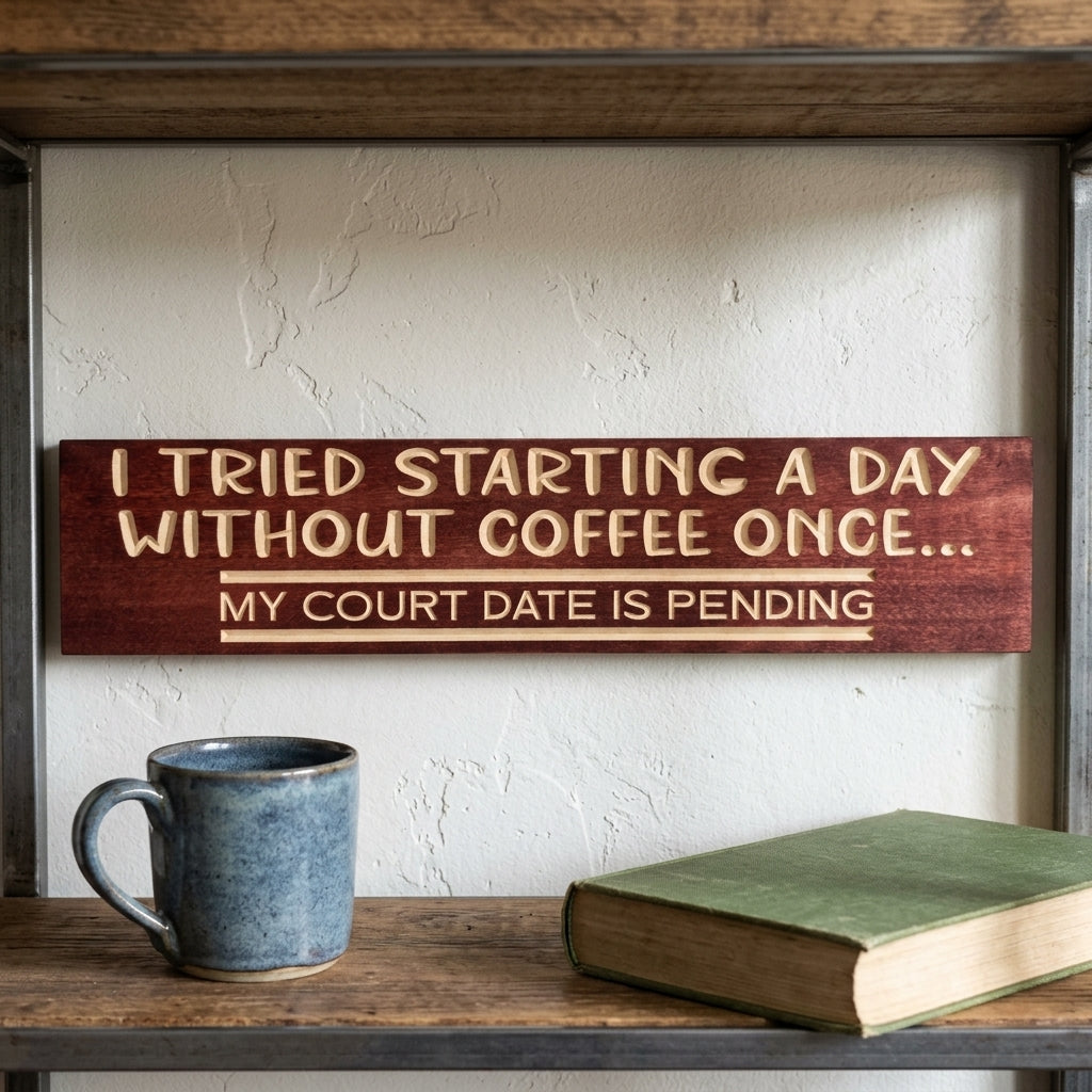 A carved wood Coffee Sign "I tried starting a day without coffee once... My court date is pending" on a shelf with a mug and book from Bluegrass Gifts
