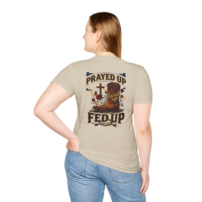Cowgirl Shirt — "Prayed Up, Laced Up, Fed Up" Graphic Tee in Sand
