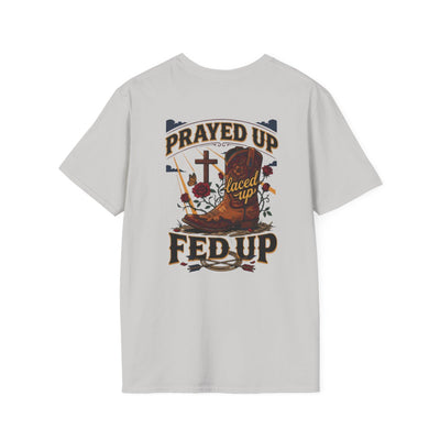 Cowgirl Shirt — "Prayed Up, Laced Up, Fed Up" Graphic Tee in Ice Grey