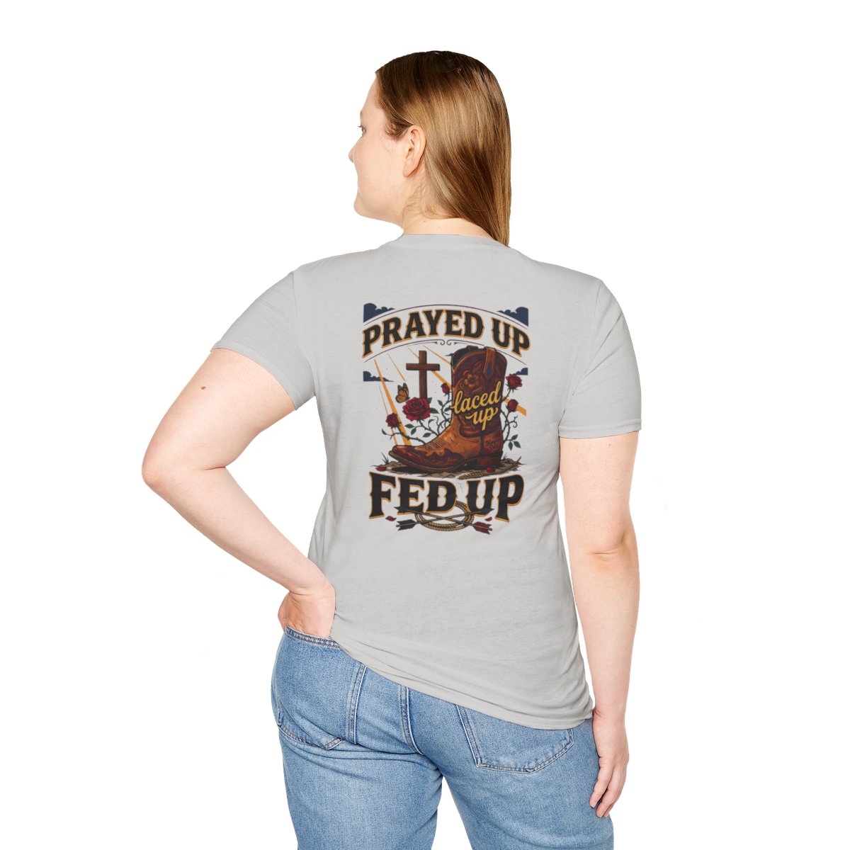 Cowgirl Shirt — "Prayed Up, Laced Up, Fed Up" Graphic Tee in Ice Grey