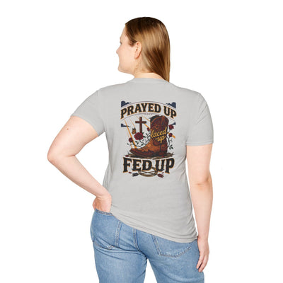 Cowgirl Shirt — "Prayed Up, Laced Up, Fed Up" Graphic Tee in Ice Grey