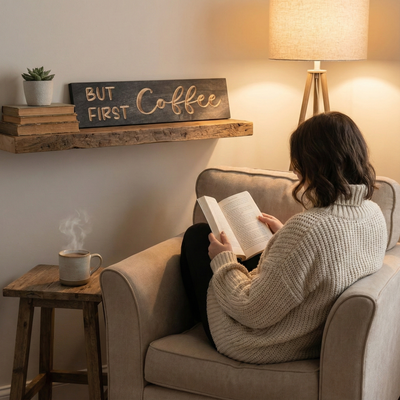 Cozy reading corner featuring a "But First Coffee" wood sign leaning on a rustic shelf next to a woman reading a book.