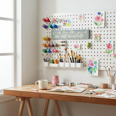 The "Look for the good in all moments" sign used as motivational office decor on a pegboard in a creative art studio.