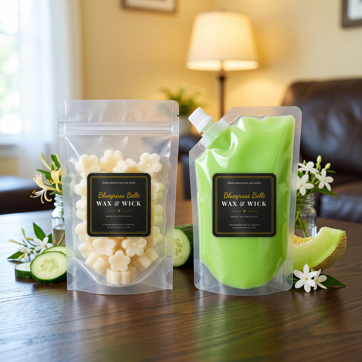 Cucumber Cutie squeeze wax melt pouch and wax melt tarts by Bluegrass Belle Wax & Wick
