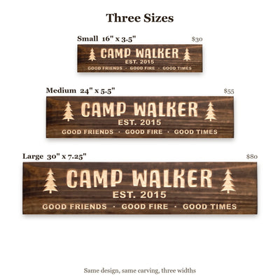 Camp Walker sign size guide: Small 16 x 3.5 inches, Medium 24 x 5.5 inches, Large 30 x 7.25 inches